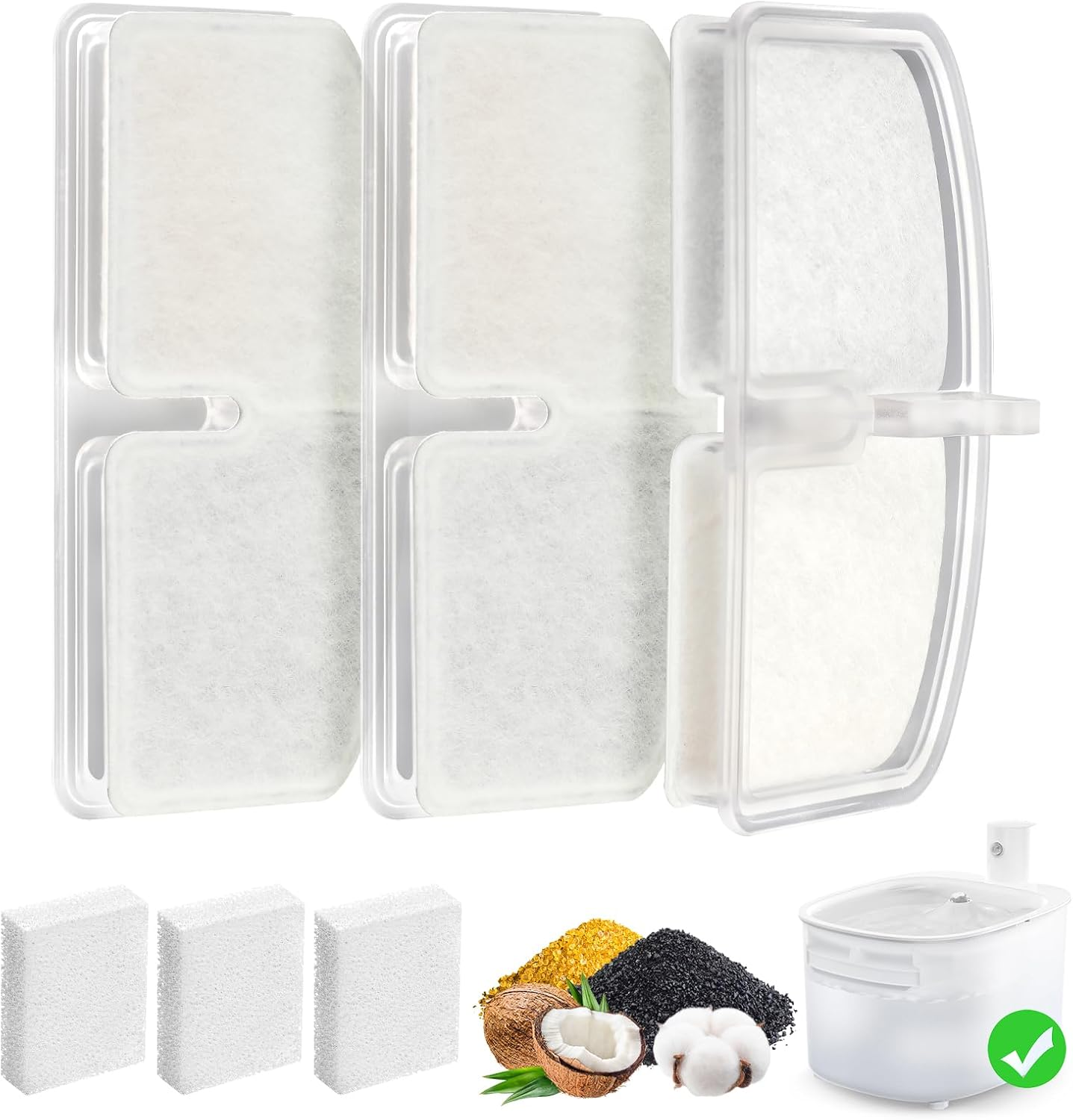 3 Pack Replacement Filters & 3 Pack Replacement Pre-Filter Sponges Filters for PUPERCI Wireless Cat Water Fountain
