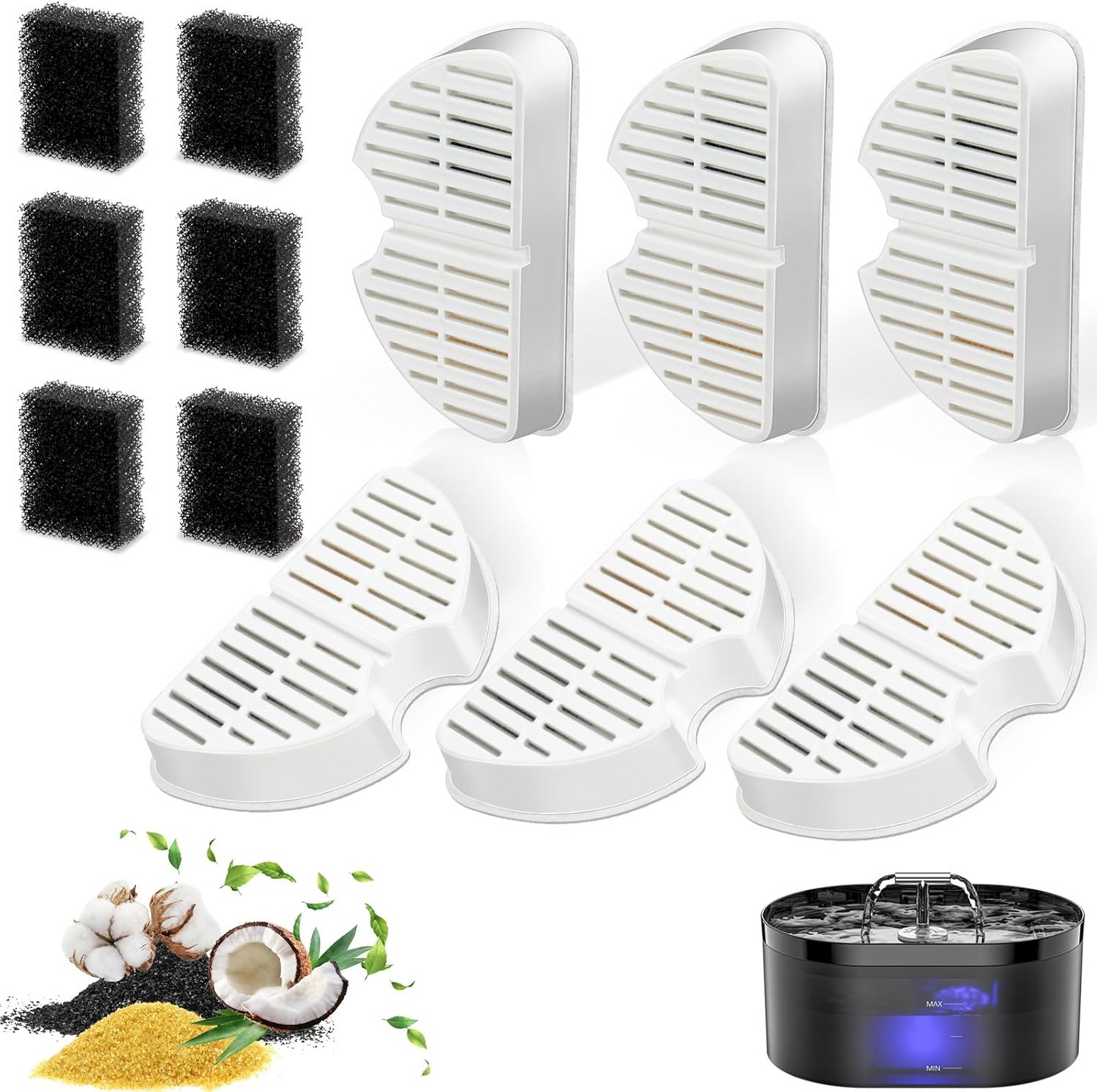 Replacement Filters & Replacement Pre-Filter Sponges for 2.2L/74oz Automatic Pet Water Fountain Stainless Steel Cat Water Fountain